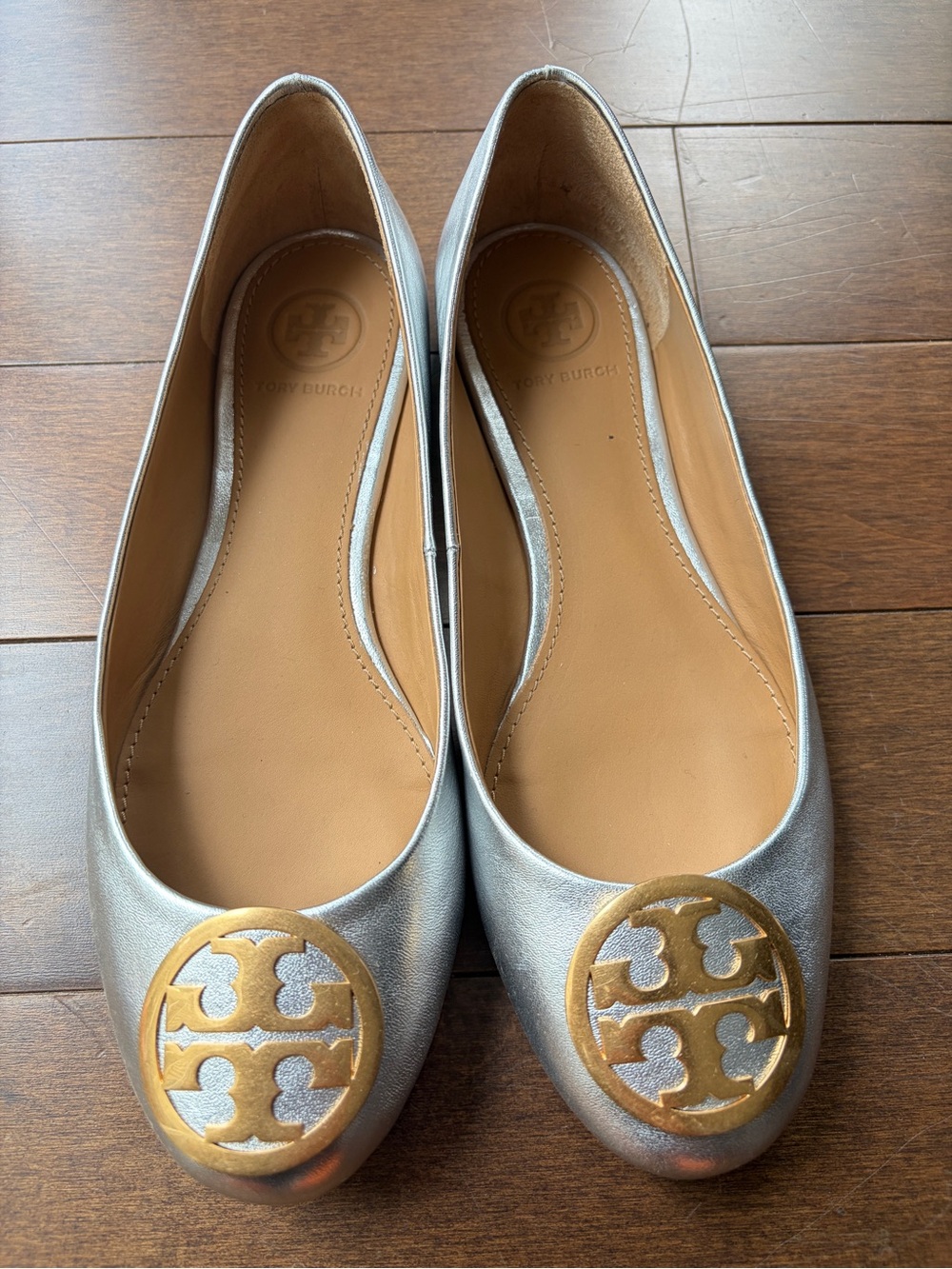 Tory Burch Silver Leather Flats with Gold Logo Medallions